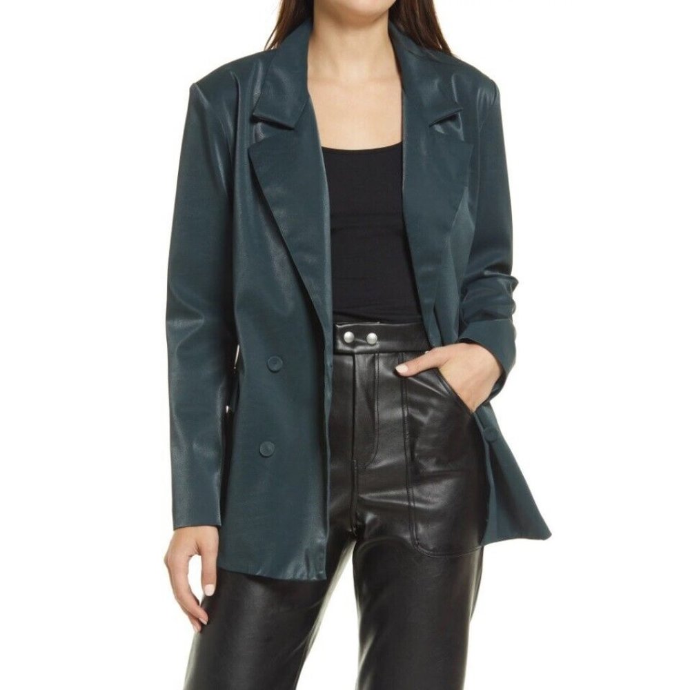 BlankNYC Women's Dark Green Double Breasted Faux Leather Blazer Size L